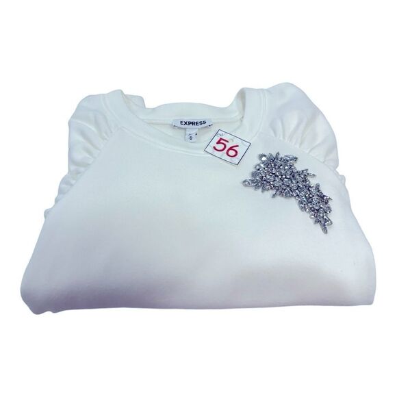 EXPRESS Medium White Puff Sleeve With Rhinestone Sweatshirt - Picture 6 of 7